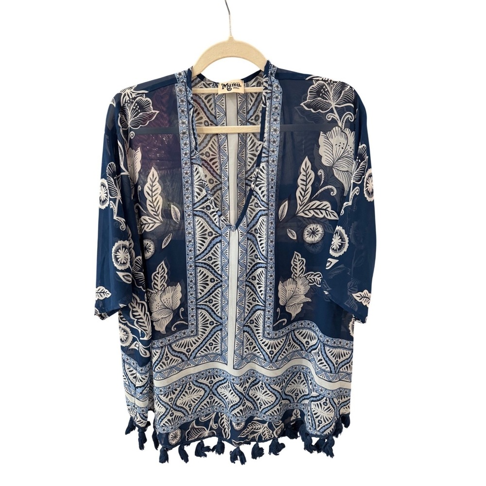 Show Me Your Mumu Blue Floral Tassel Tunic Dress Cover Up Small Boho Beach - Picture 2 of 6